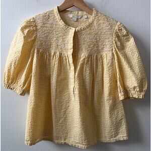 Boden puff sleeve seersucker popover top in yellow gingham women's size 4